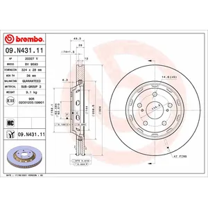 Disque de frein BREMBO 09N43111 avant, ventilé, à haute teneur en carbone, 1 pièce