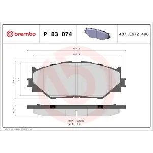 Kit de plaquettes de frein, frein à disque P 83 074 Brembo P83074 pas cher