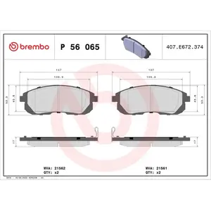 Comparateur de prix : Kit de plaquettes de frein, frein à disque P 56 065 Brembo P56065