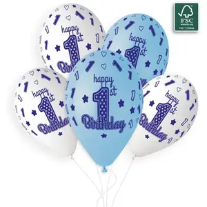 Comparateur de prix : RueDeLaFete 5 Ballons Imprimé 1er Anniversaire - 33 Cm - Blanc et Bleu