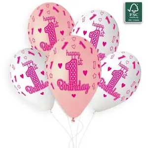 Comparateur de prix : RueDeLaFete 5 Ballons Imprimé 1er Anniversaire - 33 Cm - Blanc et Rose