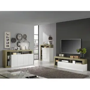 3S. x Home Meuble TV un abattant blanc lacqué brillant chene Cadiz pas cher