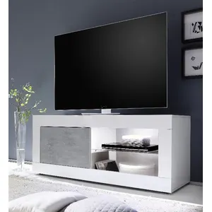 3S. x Home Meuble TV 1 porte BASIC laqué blanc et décor beton pas cher