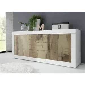 3S. x Home Buffet 2 portes et 3 tiroirs BASIC blanc et décor chene pero pas cher