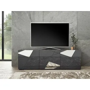 3S. x Home Meuble TV 3 portes gris laqué avec sérigraphie et miroir pas cher