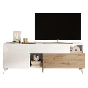 VENTE-UNIQUE Meuble TV avec 2 portes, 1 tiroir et 2 niches - 181 cm - Blanc laqué et naturel - DONALA pas cher