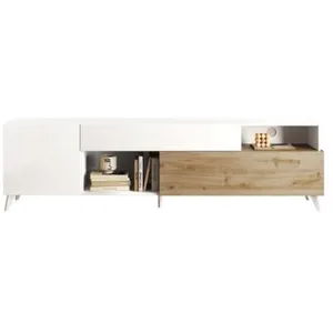 Comparateur de prix : VENTE-UNIQUE Meuble TV avec 2 portes, 1 tiroir et 2 niches - 241 cm - Blanc laqué et naturel - DONALA