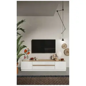 Comparateur de prix : CALICOSY Meuble TV avec 2 portes et 2 tiroirs - Blanc laqué et Naturel - EMORA
