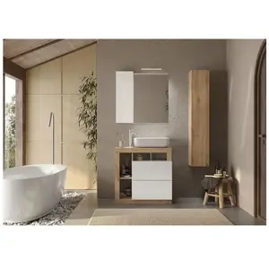 Comparateur de prix : NO NAME Ensemble Meuble salle de bain HAMBOURG L78 - Vasque + 2 Tiroirs + 3 niches + Colonne - Coloris chêne clair et laqué blanc