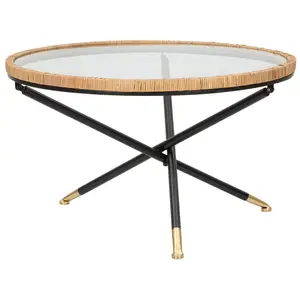 Table basse en fer, bois et verre noir et brun Ø 80x46,5 cm pas cher