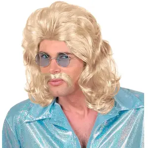 Comparateur de prix : Perruque et moustache disco années 70 blondes homme - WIDMANN - Kit de déguisement - Synthétique