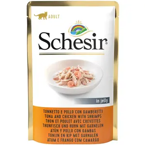 Comparateur de prix : Schesir en gelée ou en sauce 6 x 85 g pour chat - thon, poulet & creve...