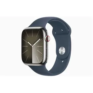 Apple Watch Series 9 (2023) GPS + Cellular 45 mm - Acier inoxydable Argent - Bracelet sport Bleu pas cher