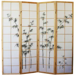 Comparateur de prix : Paravent en bois et bambou nature avec dessin sombre de 4 pans -PEGANE...