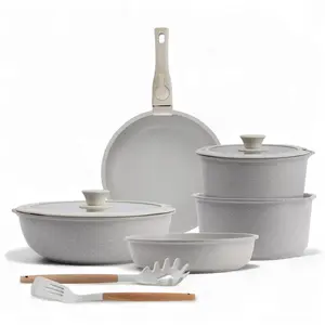 BERGNER Click&Cook - Batterie de cuisine avec poignée amovible 2 Poêles à frire, 2 Casseroles, Poêle à frire, 2 Couvercles et 2 Ustensiles - En fonte d'aluminium - Revêtement antiadhésif beige marbréVendu paramazon