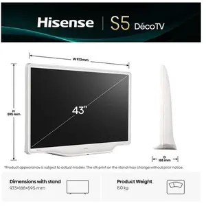 Hisense TV 43S5DQ 43" 4K, 60Hz, Déco TV (43", S5, 4K), TV, Blanc pas cher