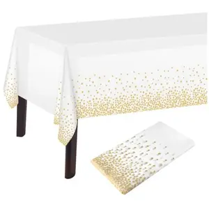 RICEEL Nappe à pois blanche et dorée Nappe blanche et dorée 137 x 274 cm Nappe rectangulaire en plastique pour décoration de table de fêteVendu parcdiscount