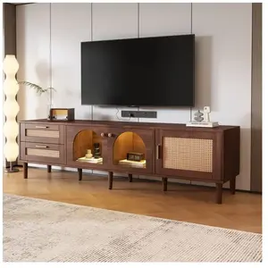 Wishdor - Meuble tv marron de 180 cm, Meuble tv led avec 2 tiroirs en rotin, 2 portes en verre cintrées et 1 porte en rotin