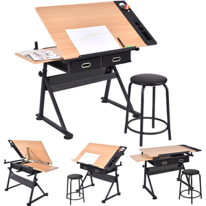 CostwayTable à dessin inclinable, Tabouret, 2 Tiroirs, Hauteur Réglabl... pas cher