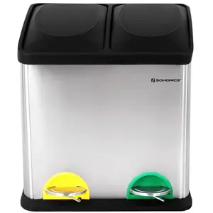 Comparateur de prix : SONGMICS Poubelle 30L avec 2 compartiments, Acier inoxydable + seau noir / 2 x 15L