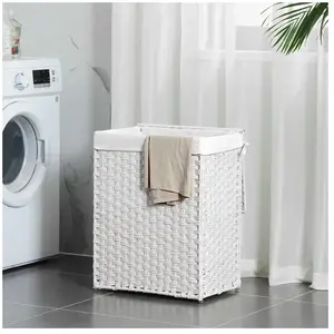 Panier à linge en rotin synthétique pliable avec couvercle et poignées - SONGMICS - Blanc LCB51WT pas cher