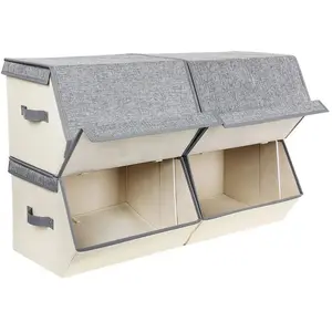 SONGMICS Boîte de rangement avec couvercle, Beige + Gris