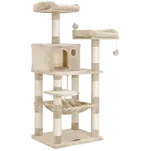 Comparateur de prix : FEANDREA Arbre à Chat Hauteur 143 cm, Tour de Jeux pour Chat, avec 11 Poteaux à Griffer, 2 Plateformes, 1 Niche, 1 Hamac, 2 Pompons, en Tissu Peluche,