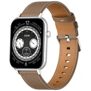 Montre connectée COLMI C28   argentée avec un bracelet en cuir marron