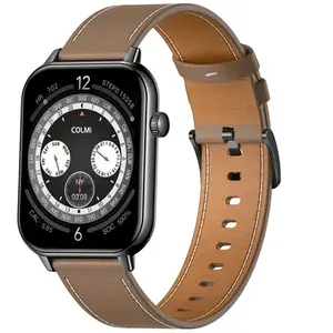 Montre connectée COLMI C28   noire avec un bracelet en cuir marron