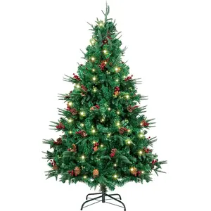 AGM Arbre de Noël 2,1M avec Guirlandes Lumineuses 25M 500LEDs, Arbre de Noël Artificiel avec Aiguilles de Pin Mélangées, Baies Rouges, Charnières, Base en Métal, 900 Branches pas cher