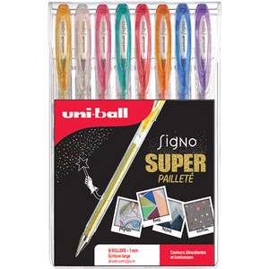 Comparateur de prix : UNI Pochette stylos roller gel Signo Pailletés - Ecriture large 1 mm - 8 coloris - 8 pcs