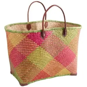 AUBRY Panier En Palmier Avec 2 Anses Et Coins En Simili Cuir pas cher