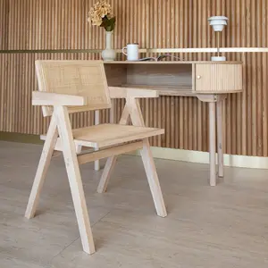 Now's Home Chaise de bureau en bois de pin et canage beige pas cher