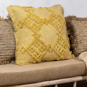 Now's Home Coussin en coton jaune avec franges 45cm pas cher