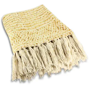 Now's Home Plaid à franges en coton jaune avec franges 250cm pas cher