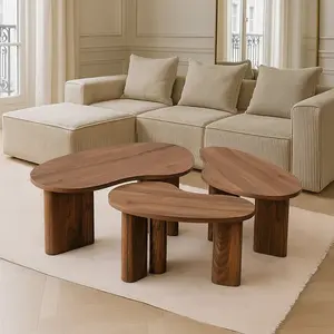 Lot de 3 tables basses aux formes organiques effet bois de noyer