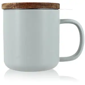 OGO Living Tisanière en grès gris avec couvercle en bois d'acacia 300ml
