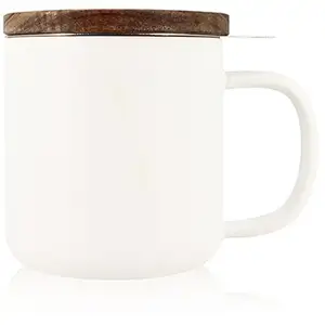 OGO Living Tisanière en grès blanc avec couvercle en bois d'acacia 300ml