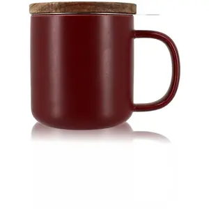 OGO Living Tisanière en grès bordeaux avec couvercle en bois d'acacia 300ml