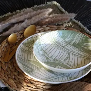 Novastyl Lot de 6 assiettes creuses 20,5cm en grès à motif vert