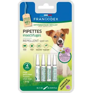 Comparateur de prix : FRANCODEX 4 Pipettes Insectifuges Chiots, Petits Chiens De Moins De 10 Kg Formule Renforcée