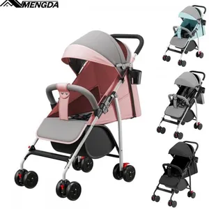 Poussette Canne pliable-MENGDA-Landau assis couché pousser ou tirer 4 roues-Avec freins Harnais 5 points-0-4ans-Rose