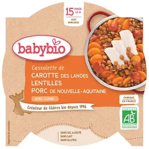 Comparateur de prix : Babybio Repas Midi Assiette Carotte Lentilles Porc +15m Bio 260g