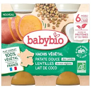 Comparateur de prix : Babybio Hachis Végétal Patate Douce Lentilles Lait de Coco Bio 400g