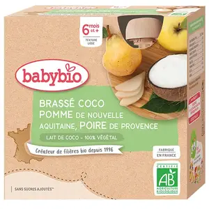 Comparateur de prix : Babybio - Gourde Brassé Lait de coco Pomme Poire - Bio - 4x85g - Dès 6 mois