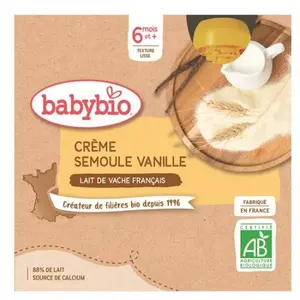 Comparateur de prix : Babybio - Gourde Crème Semoule Vanille - Bio - 4x85g - Dès 6 mois