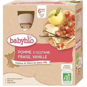 Comparateur de prix : Babybio Fruits Gourde Pomme Fraise Vanille +6m Bio 4 x 90g