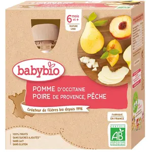 Comparateur de prix : Babybio Fruits Gourde Pomme Poire Pêche +6m Bio 4 x 90g