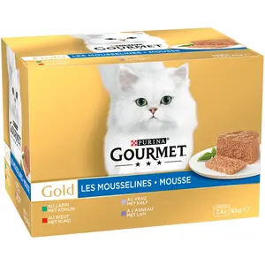 24x85g Gourmet Gold Les Mousselines lot mixte (6x lapin, 6x veau, 6x boeuf, 6x agneau) pas cher