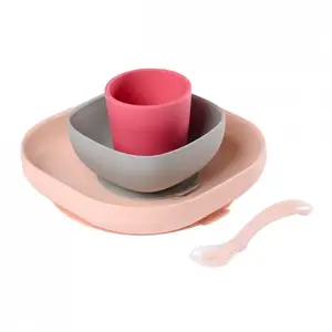 Comparateur de prix : BEABA Béaba - Set vaisselle silicone 4 pièces Rose pâle taille unique